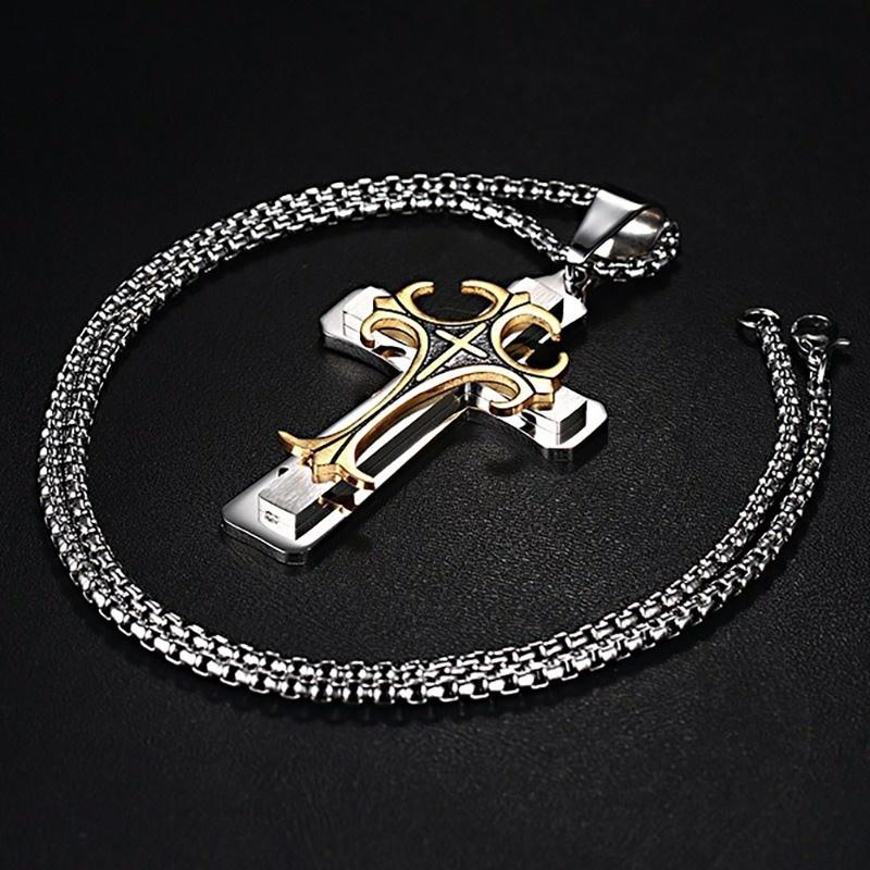 Stylish Men's Cross Necklaces, Waterproof Stainless Steel Catholicism Cross Pendant Collar, Prayer Religious Faith Jewelry