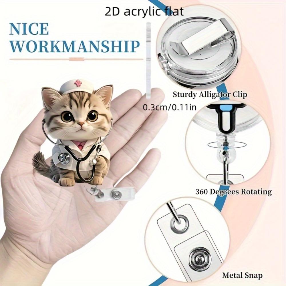 2D Acrylic Cute Nurse Cat Retractable Badge Reel Clip Brooch For Nurses RN LPN Students ID Card Holder