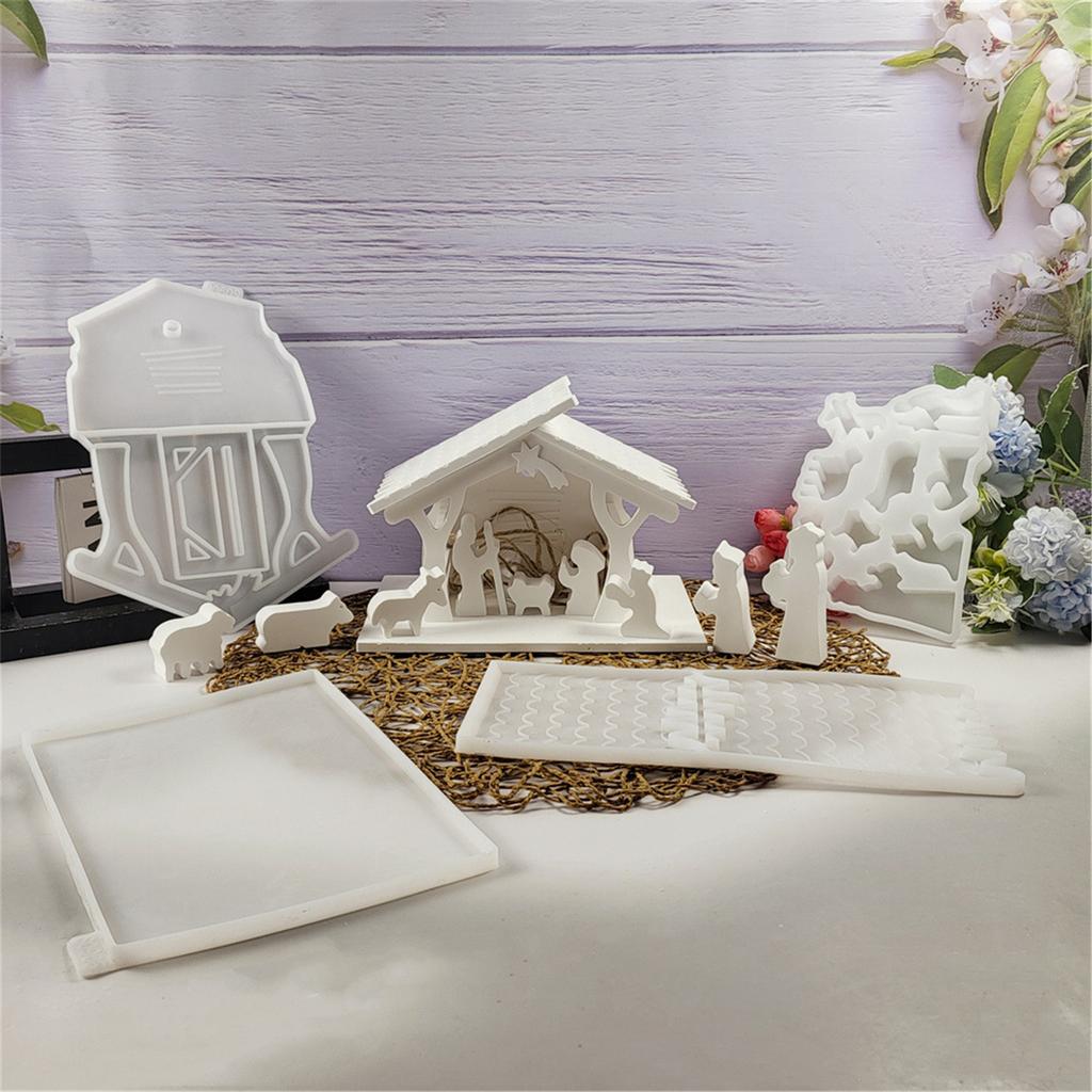 Flexible Silicone Mold Nativity House Decoration Making Mould Temperature Resistant Gypsum Mould for Desk Ornament