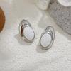 Silver Glossy White Fritillary Stud Earrings Oval Design Geometric Earrings Shell Simple Earrings Ring