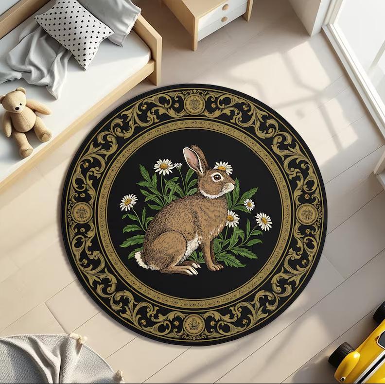 Rabbit Round Rug Cute Bunny Rug Nursery Rug Farm Animal Round Carpet Pink Peony Baby Room Decor Floral Baby Shower Gift 80cm x 80cm