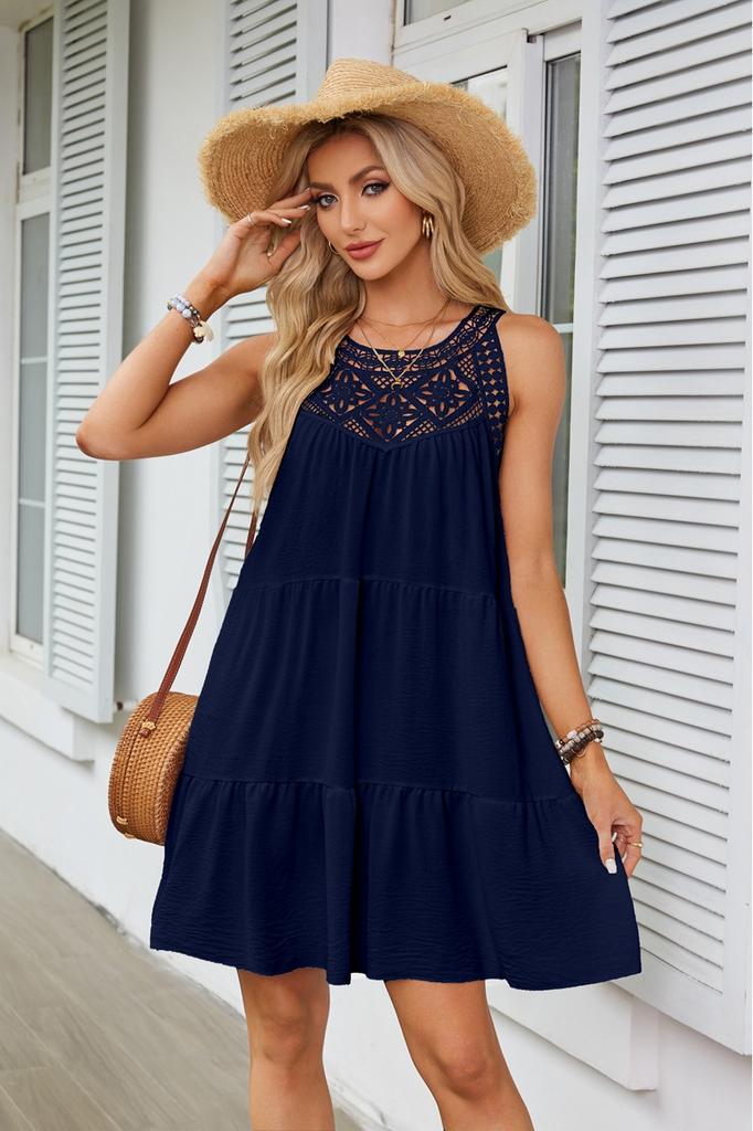 Women's Spring and Summer, Hollow Lace Splicing Neck A-word Dress