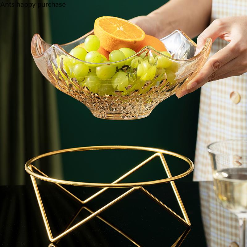 Wrought Iron Base Glass Fruit Plate Glass Bowl Candy Snack Tray Dessert Bowls Dishes Fruit Salad Bowl Decorative Plate Cake Pan