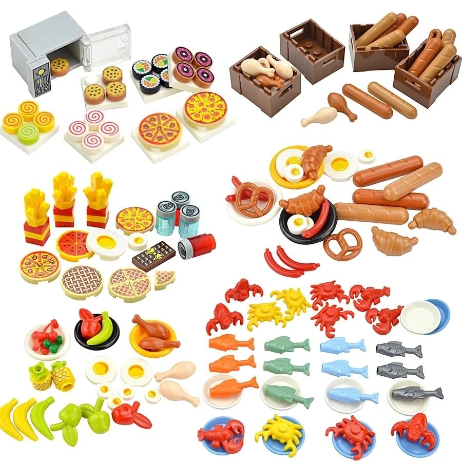 Food Brick Playset City Series Friend Accessory Parts Bread Chips Roast Chicken Pizza Hot Dog Fish Fruit Carrot Basket Classic DIY Block Bricks