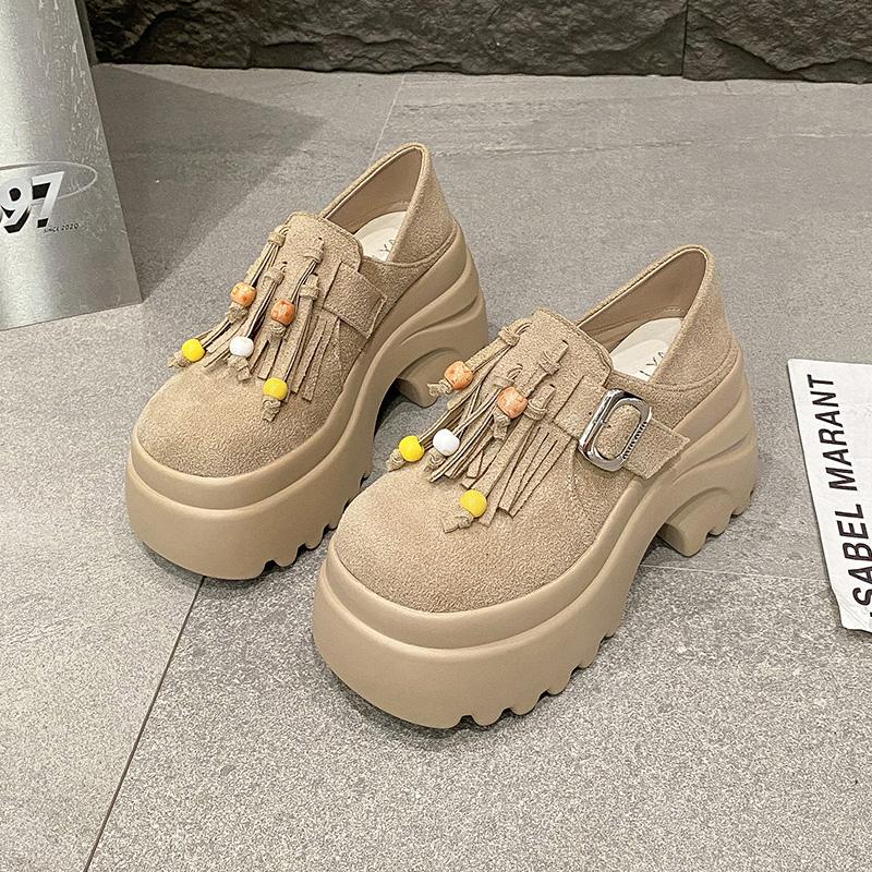 2025 Women's High Platform Leather Shoes New Spring 9CM Heels Chunky Sneakers Female Lace-up Loafers Walking Shoes Woman