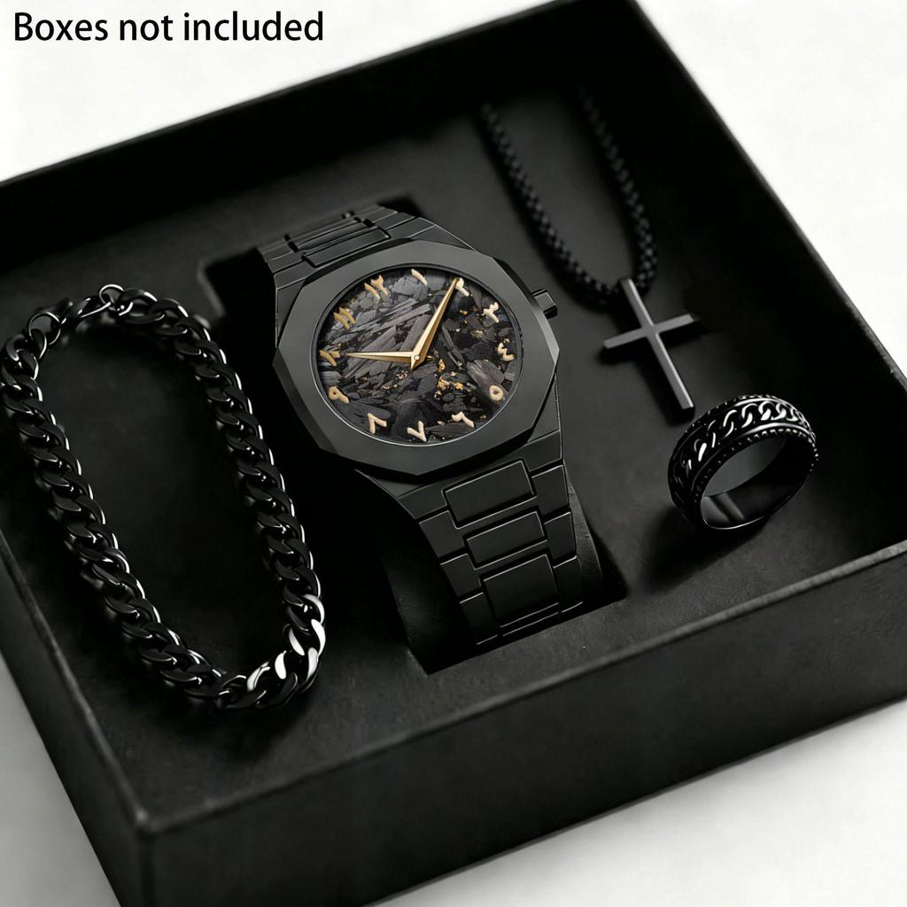 Temu Stylish Black Quartz Watch & Jewelry Gift Set: Watch, Bracelet, Ring, Necklace
