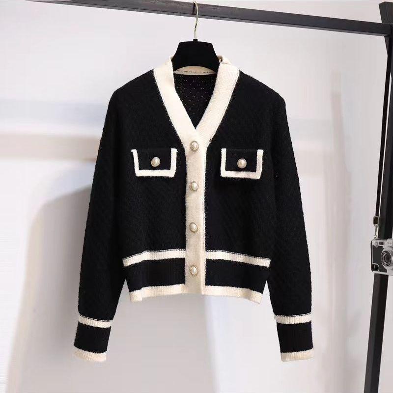 

Весна Осень Женский вязаный кардиган Однобортный вязаный топ V-образный вырез Контрастная вязаная куртка с длинными рукавами L чёрный