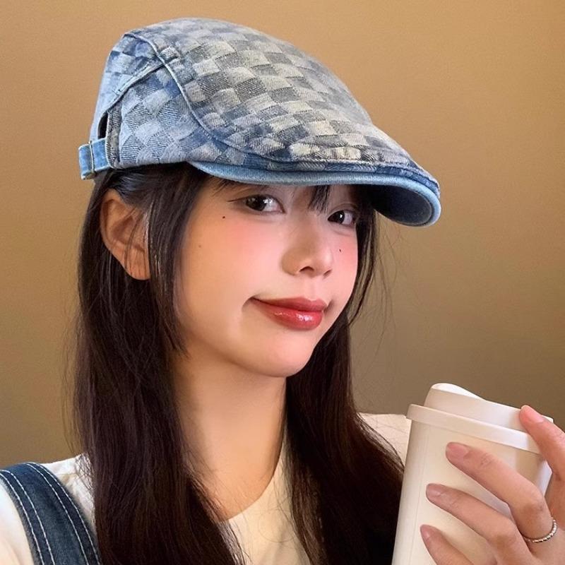 Plaid denim forward hat beret female reverse wearing washed retro big head circumference painter hat spring and autumn women's