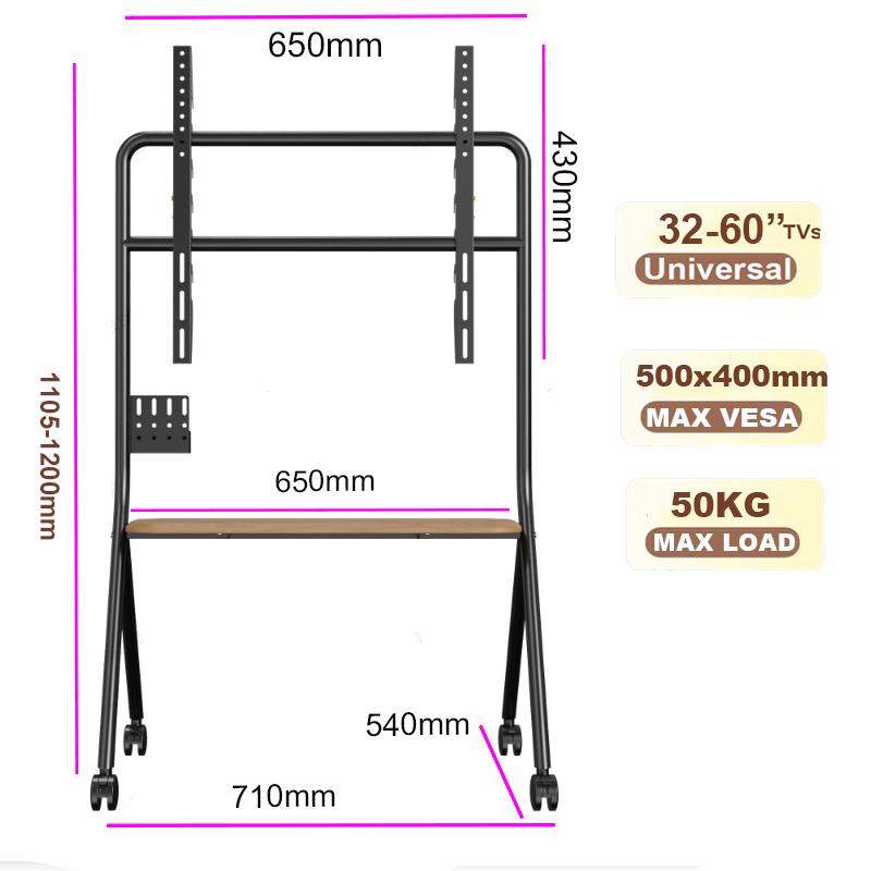 BEISHI Mobile Rolling TV Stand with Wood Shelf, Easy-to-Assemble Roller TV Cart for 32-60 inches TVs for Living Room Outdoor