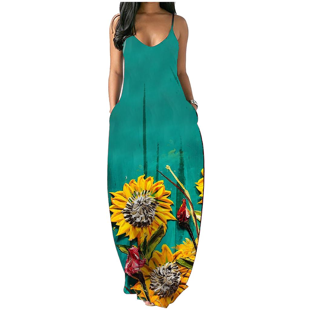 Women Summer  Sunflower Print Sleeveless Plus Size Pullover Long Dresses