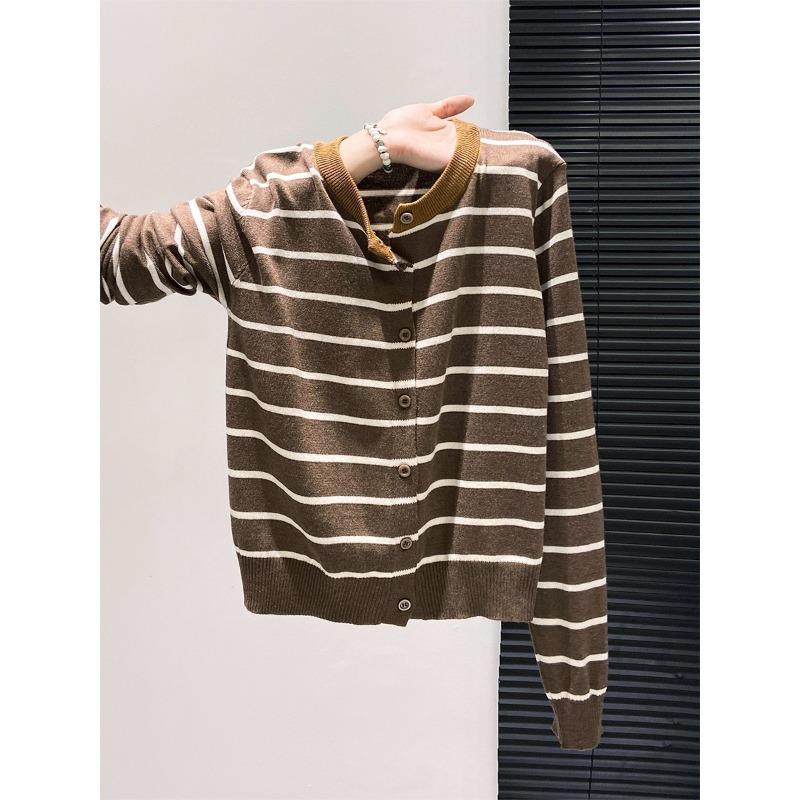 Single-breasted Contrasting Striped Knitted Cardigan Women's Spring and Autumn Loose and Thin Versatile Sweater Jacket Top