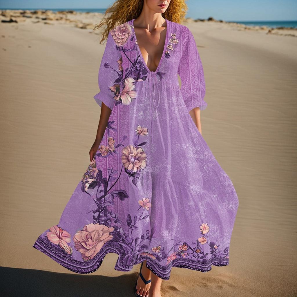 Women's Summer Fashion V-neck Retro Floral Print Short Sleeved Beach Dress With Lace Patchwork Dress