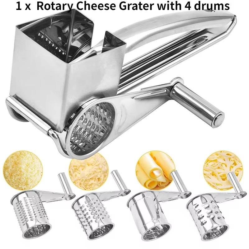 4 In 1 Rotary Cheese Grater - Stainless Steel Shredder For Parmesan, Butter, Nut | Kitchen Gadget Multi Use Tool Set