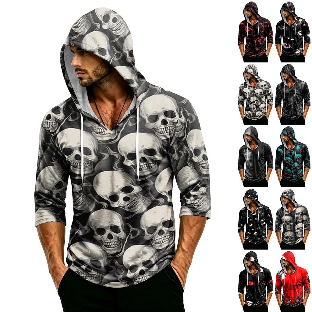 Pullover con cappuccio a maniche a tre quarti, vestibilità larga, stampa di Halloween da uomo