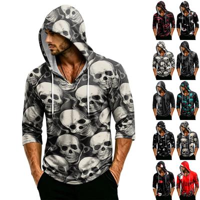 Men's Loose Fit Casual Hoodie Three Quarter Sleeve Pullover Halloween Eye Print Lightweight Sweatshirt