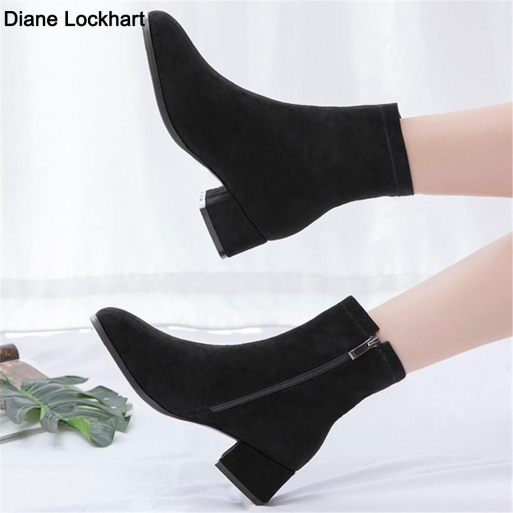 Woman Ankle Boots Autumn Winter Round Toe Low Heel Flock Black Comfortable Booties Lady Shoes Big Size 31 32 33 40 41 42 43