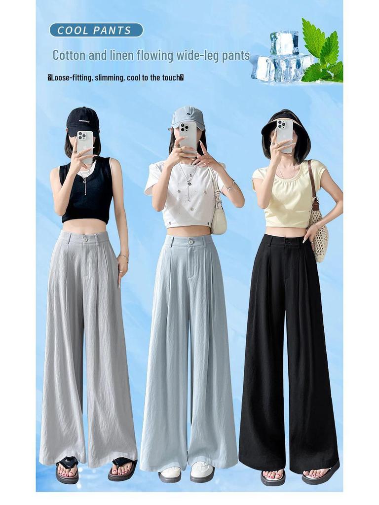2026 Women's Ice Silk High Waist Wide-Leg Pants: Slimming, Drape, Casual, Loose, Milk Puff Style for Summer