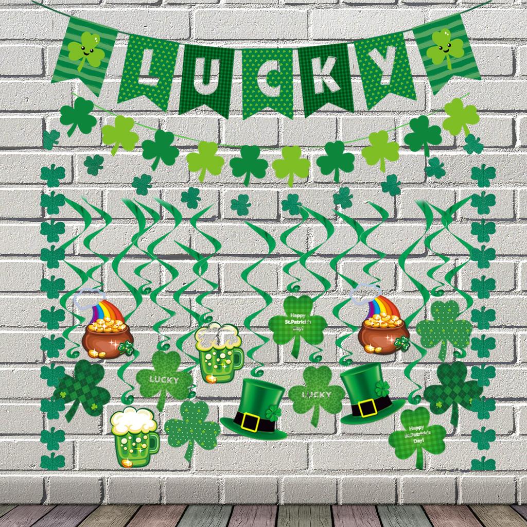 Saint Partick Day Lucky Banner Set Wall Hanging Sign Ceiling Swirls Sign Green Streamers Hanging Ornament Party Supplies