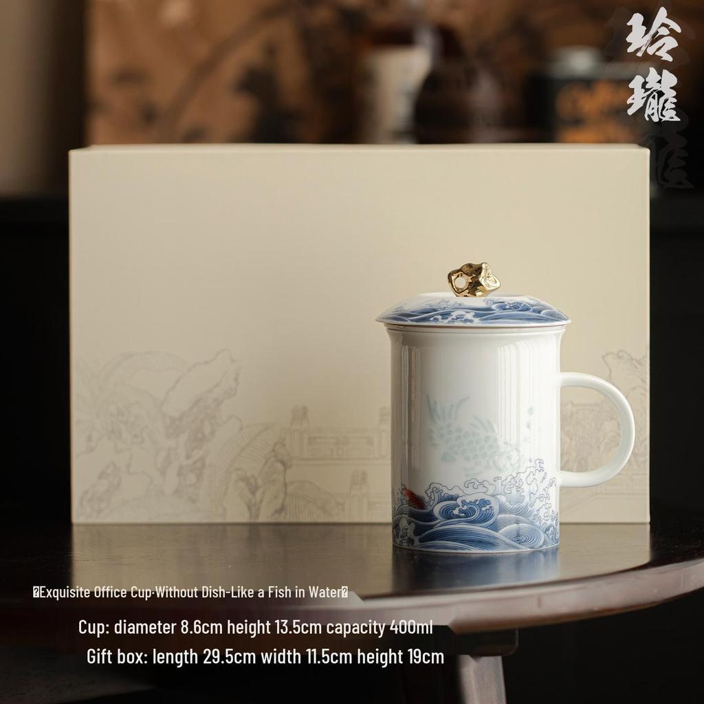 Exquisite Mutton Fat Jade Office Tea Cup Set with Lid & Filter