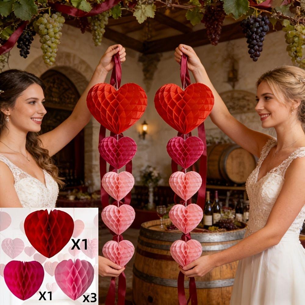 5 Pcs Set Red Pink Colors Honeycomb Party Decorations Hanging Paper Pom-Poms Birthday Party Decor