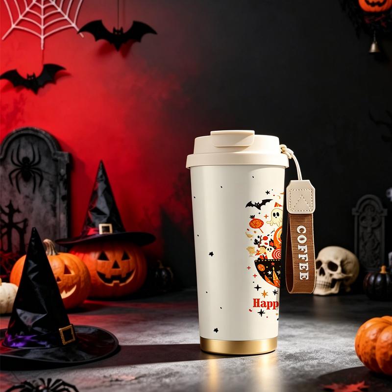 Halloween Coffee Cup 532ml Pattern Bowl Pumpkin Skull Candy Ghost MotifCarrier Strap Travel Cup Autumn Commuter Cup Flip Lid Coffee Cup
