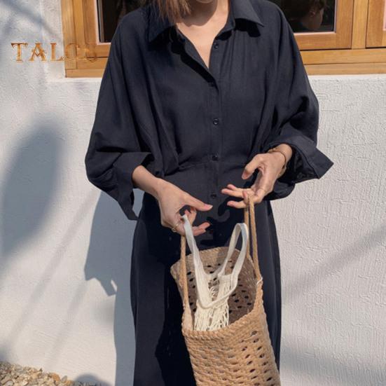 Women Spring Fall Dress Loose Lapel Solid Color Single-breasted Split Hem Soft Long Sleeve Retro Casual Commute Pleated Maxi Dress