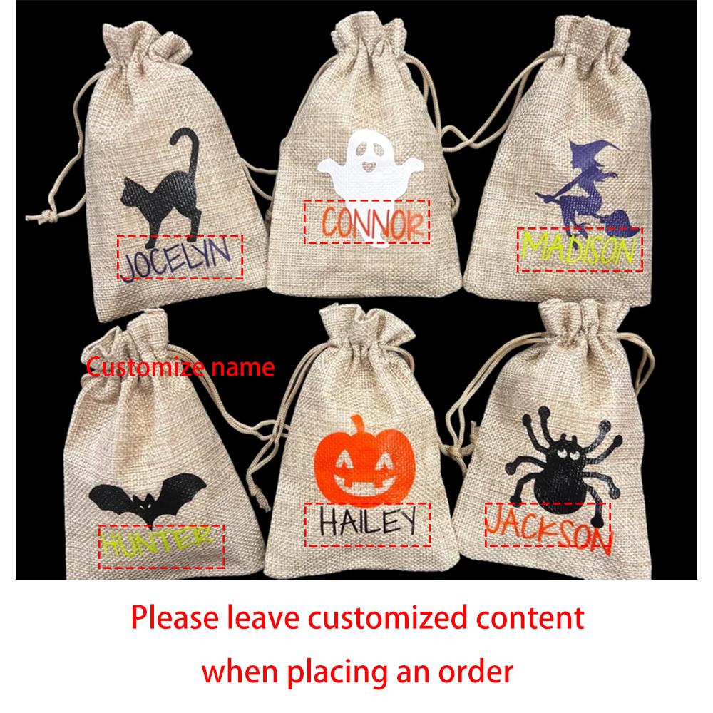 

Custom 6Pcs Halloween Treat Bags Halloween Burlap Drawstring Goodie Bags Trick or Treat Sack Halloween Party Decor Kids Favors 6pcs 10x14cm