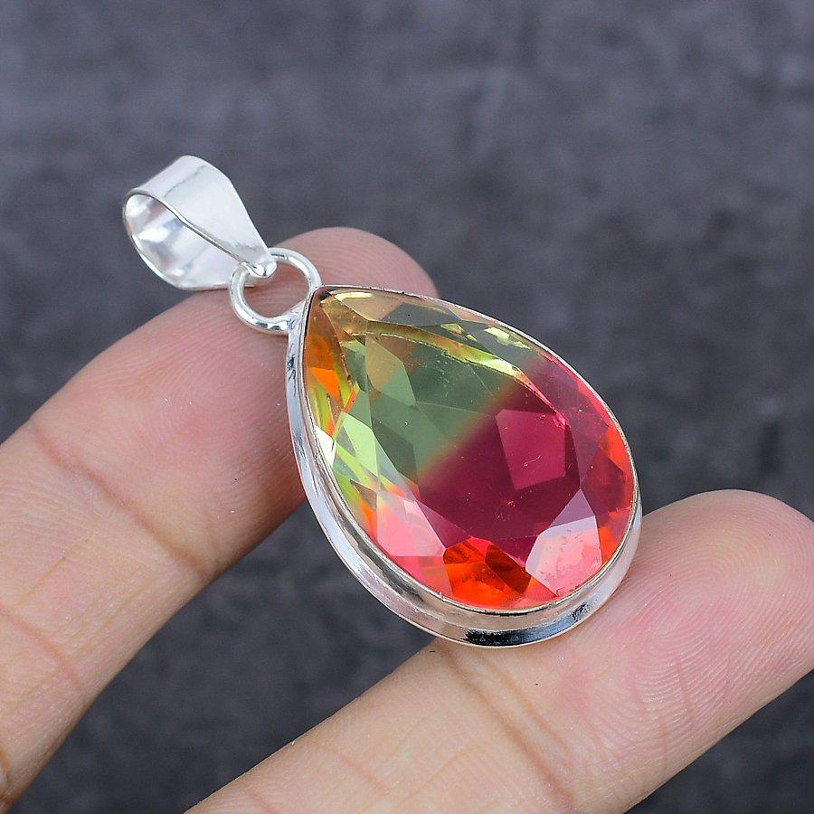 Bi-Color Tourmaline Gemstone 925 Sterling Silver Jewelry Pendant 1.89" e4C93