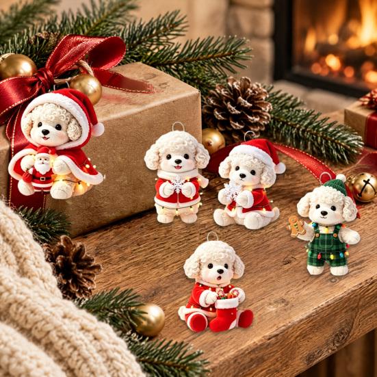 Festive Home Hanging Decor Christmas Dog Wooden Ornament, 2D Cartoon Puppy Ornaments with String, Holiday Tree Party Decoration Animal