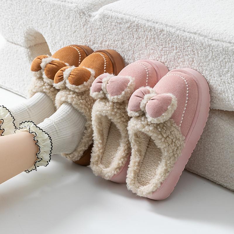 Bow Cotton Slippers Thickened Cotton Shoes Autumn and Winter Velvet Warm Comfortable Indoor Home and Outdoor Shoes