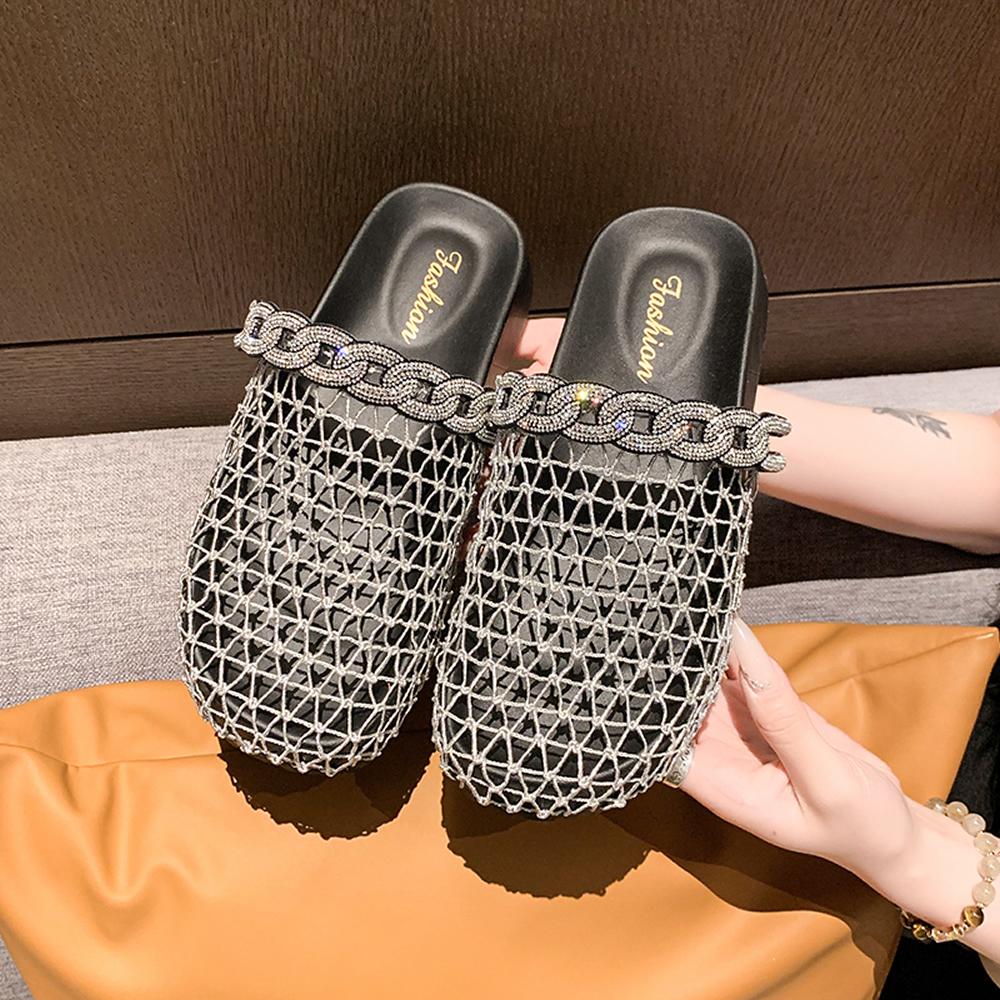 Retro Woven Fishing Net Sandals Women's Outdoor Summer New Diamond Thick Heel One-Strap Head Covering Half Slippers