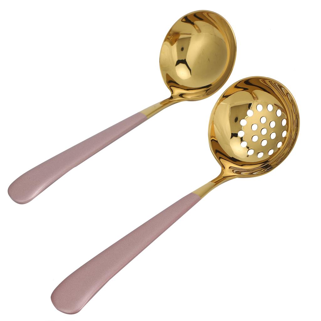 2PCS Stainless Steel Soup Spoon Slotted Spoon Skimmer Cutlery Tableware Sets Kitchen UtensilPink