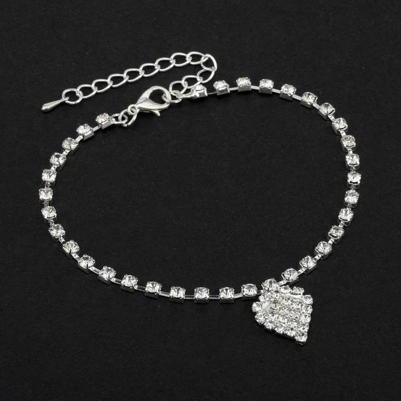 Women Summer Fashion Beach Feet with All-match Rhinestone Heart-shaped Pendant Full of  Anklets Accessories Creative Gifts
