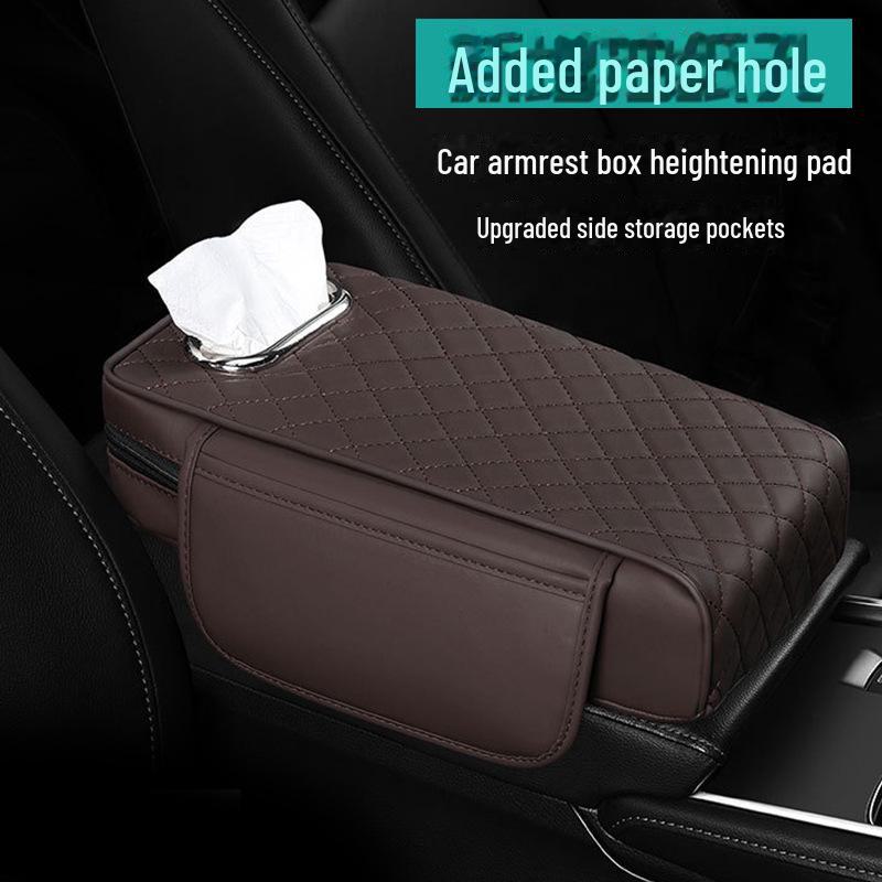 Nappa Leather Diamond-Stitched Car Armrest Cushion with Tissue Storage