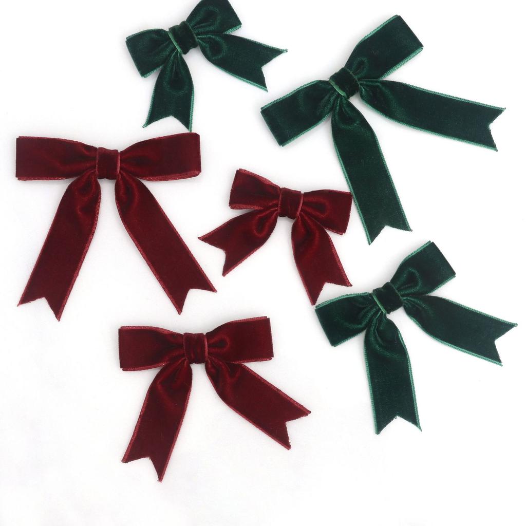 Christmas Red Green Velvet Bow Tie Handmade Tail Cut Christmas Tree Gift Box Decoration 50 Pieces Festive Ribbon Bows For Holiday Decor