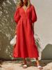 New European and American style cotton and linen dress women's V-neck bubble sleeves waist and thin holiday style medium and long A-shaped skirt