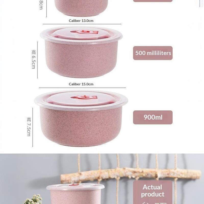 3Pcs Wheat Straw Fresh-Keeping Bowl Three-Piece Set With Lid For Home Microwaveable Plastic Round Lunch Box