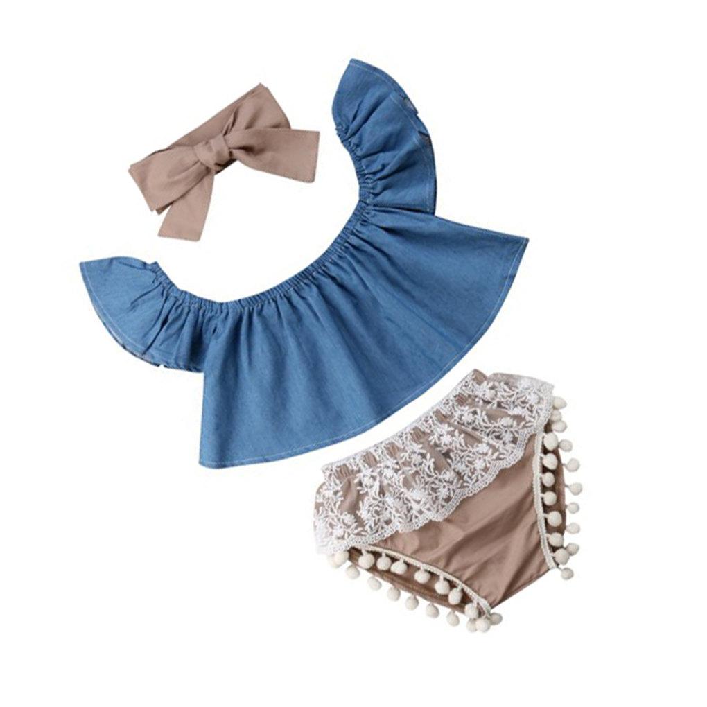 3Pcs/set Baby Outfit Set Infant Jeans Top Lace Shorts Pants Set Girls Summer Outfit Baby Photography Props With Bowknot Hairband