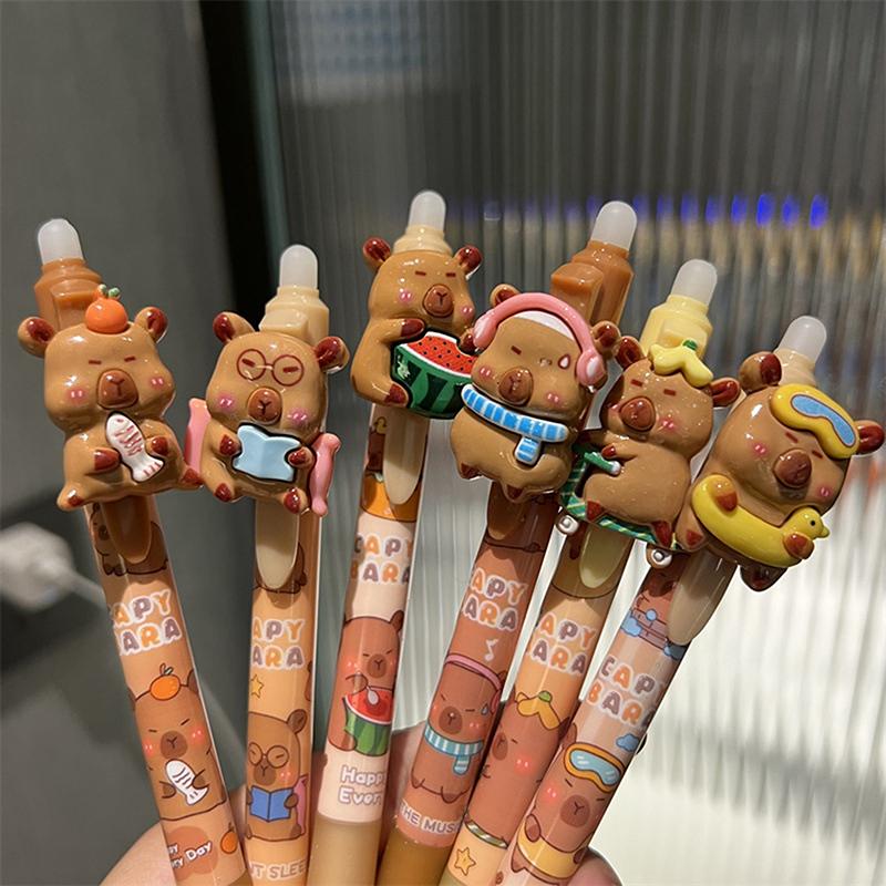 6ks Capybara vymazatelné lisovací pero Kawaii Resin Gel Pens Studentské psací potřeby Roztomilé kuličkové pero Školní potřeby Kancelářské potřeby