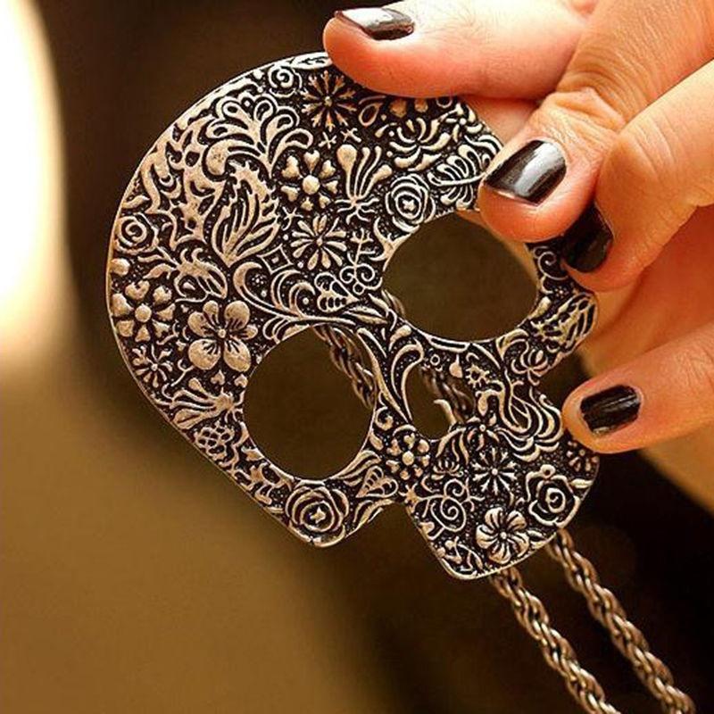 Women's Vintage Gothic Carved Flowers Skull Pendant Chain Necklace Long Sweater Chain Fashion Jewelr