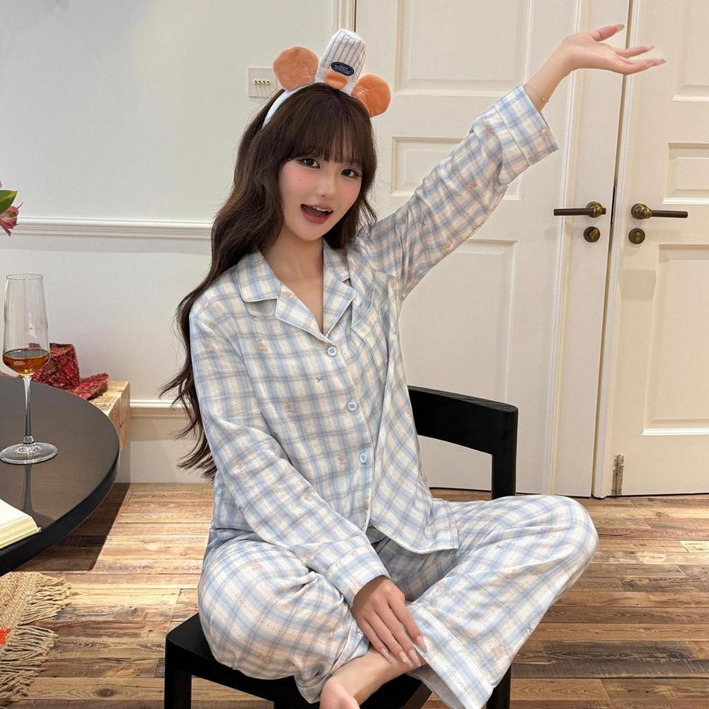 2026 Women's Blue Plaid Cotton Pajama Set - Cute Bear, Long Sleeve, Spring & Autumn