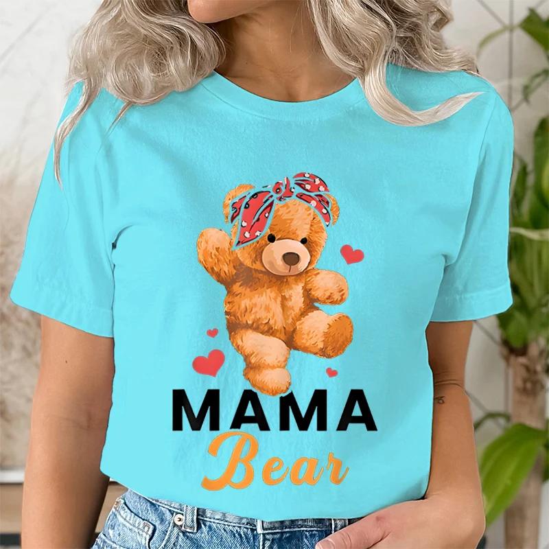 Teddy Mama Bear Graphic T Shirts Women Cartoon Bear Lover Graphic Tee Cute Teddy Mom Printed Women Tshirt Cartoon Classic Tops