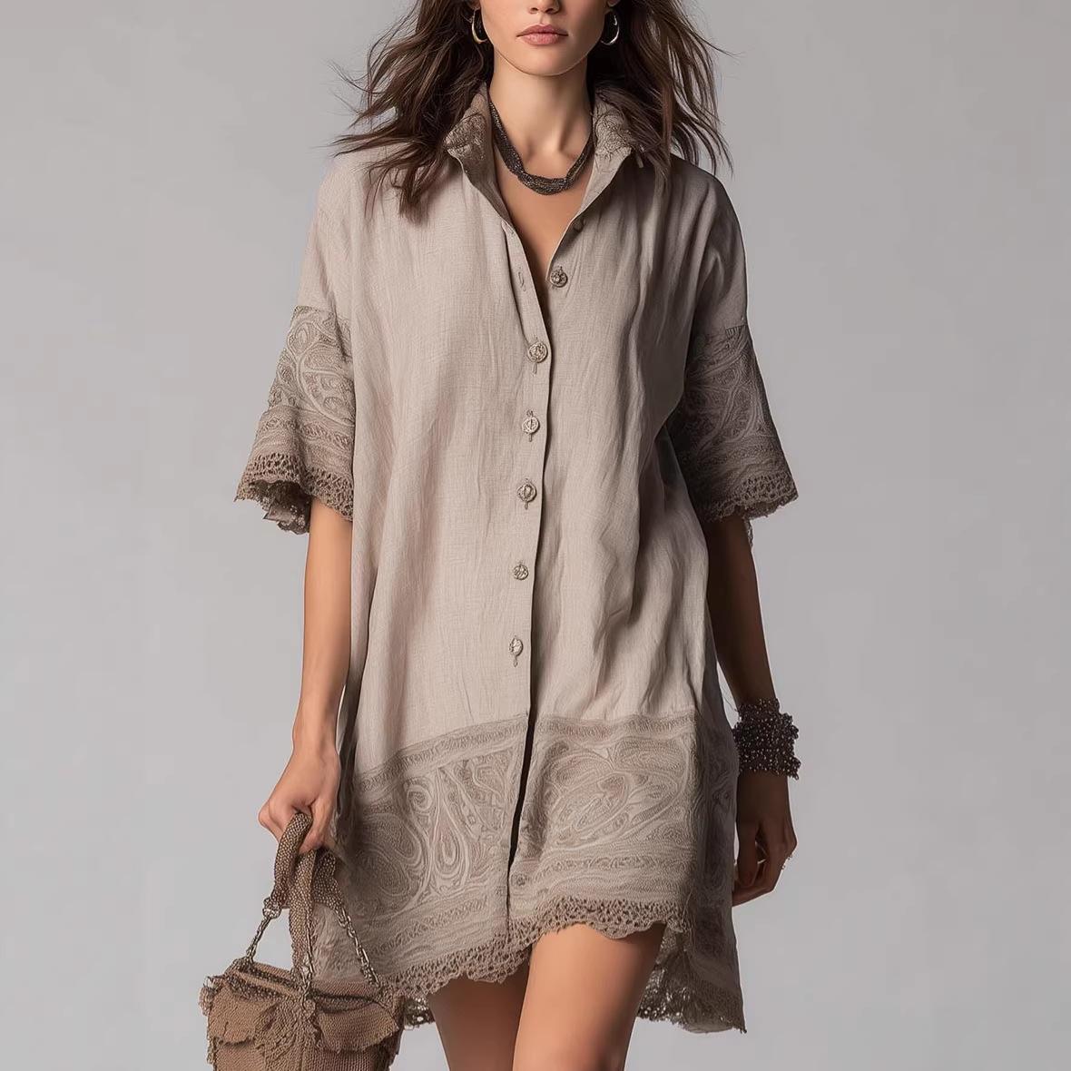 

Ladies Casual Lapel Single Breasted Shirt Dress L хаки