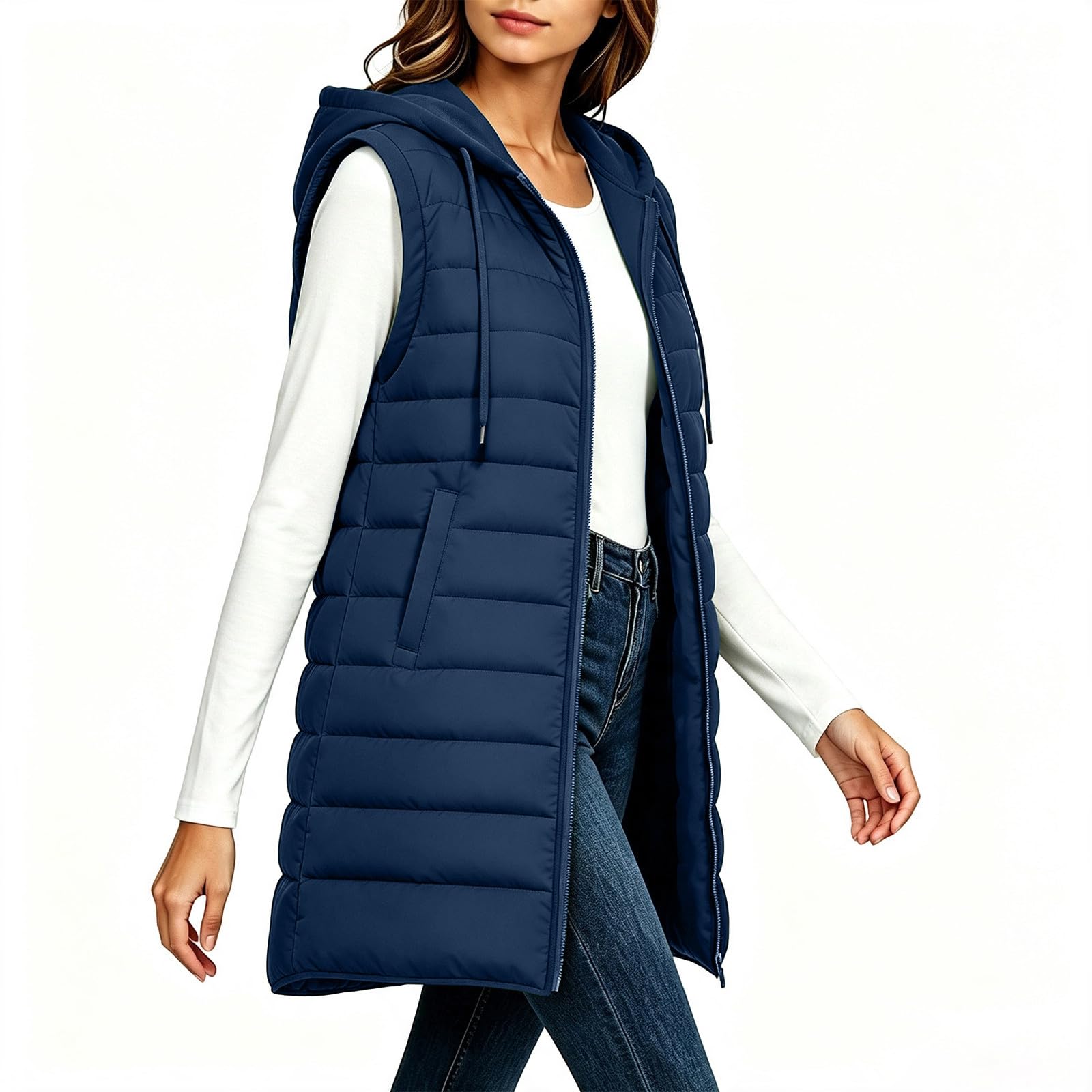 Women`s Casual Long Hooded Sleeveless Quilted