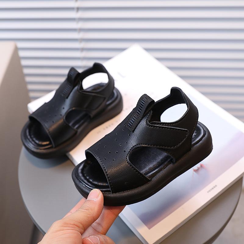 Kids Solid Soft Sole Beach Sandals Summer Leather Surface Casual Shoes For Boys Girls