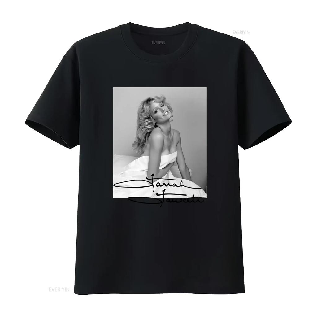 Vintage Retro Farrah Fawcett Black White Portrait Signature Print Casual T Shirt vintage Washed Soft Unisex Stretched fashion