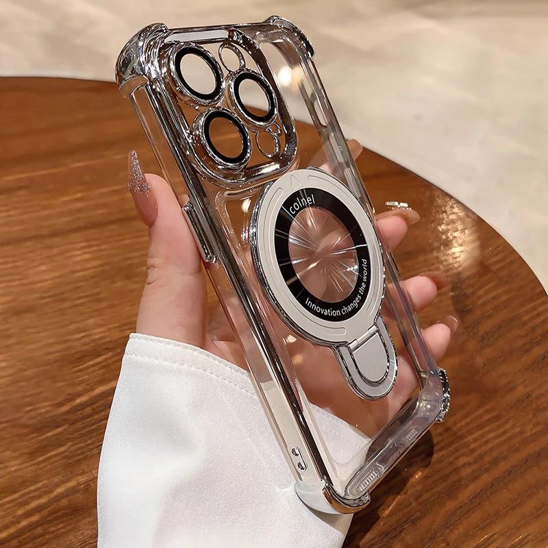Shockproof Plating Soft TPU Bracket Phone Case for IPhone 17 Air 16 15 14 13 11 12 Pro Max Plus Magsafe Magnetic Protect Cover