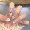 Handmade Press On Nail French Simple Gentle Hand-painted 3D Carved Flowers Diamond Medium Oval Fake Nail Patch Artificial Nail Reusable