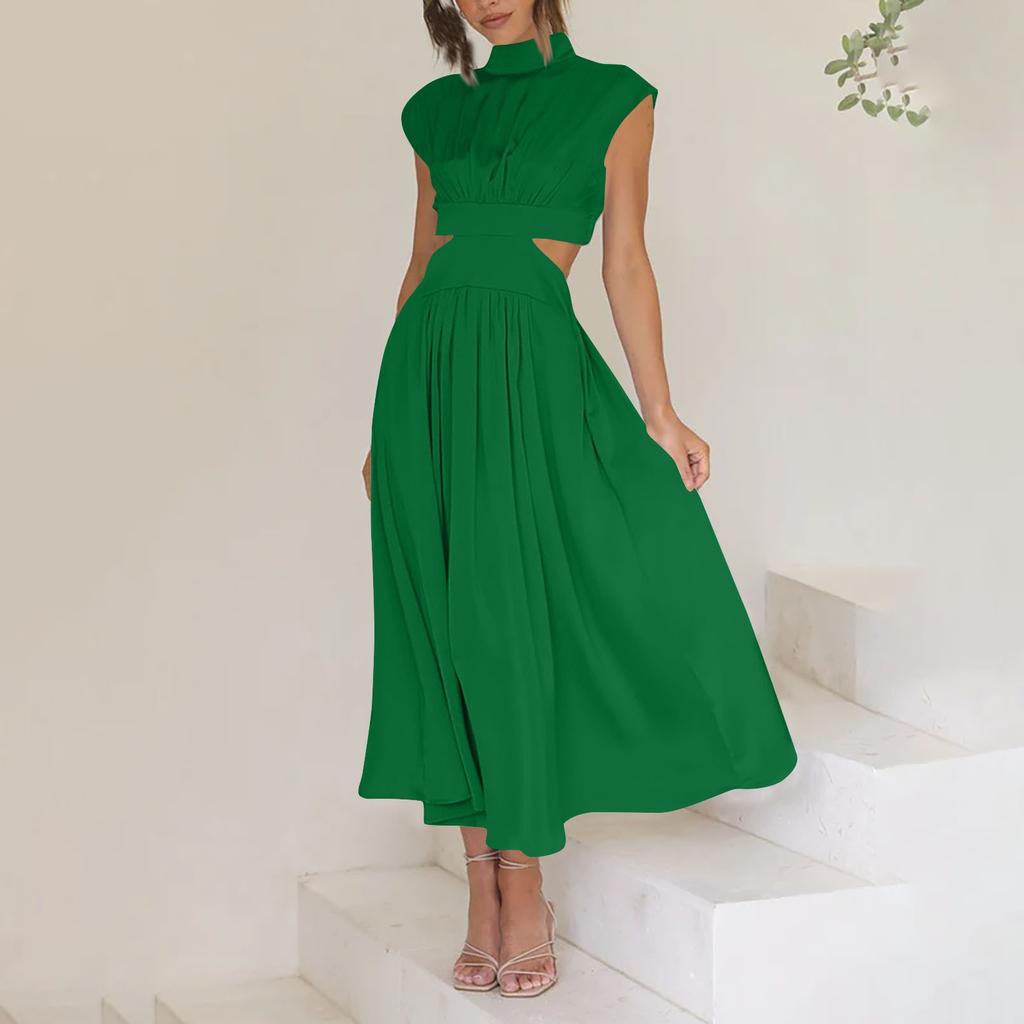Women's Color Casual High Neck High Waist Maxi Pocket Open Waist Maxi Dress