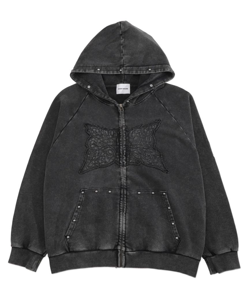 WEGO Powder Bleached Studded Zip Korean Size Sumikuro Men's Hoodie, Sweatshirt, Hooded, Autumn/Winter Clothing, Streetwear, Style, M,